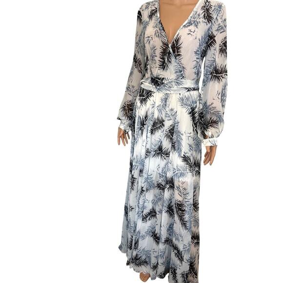 Arc & CO maxi dress faux wrap top waist tie long sleeve white palm leaf SZ M - Picture 2 of 8